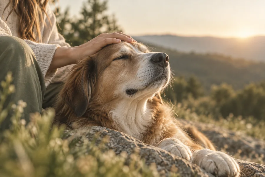 A golden retriever resting contentedly while being gently petted at sunset