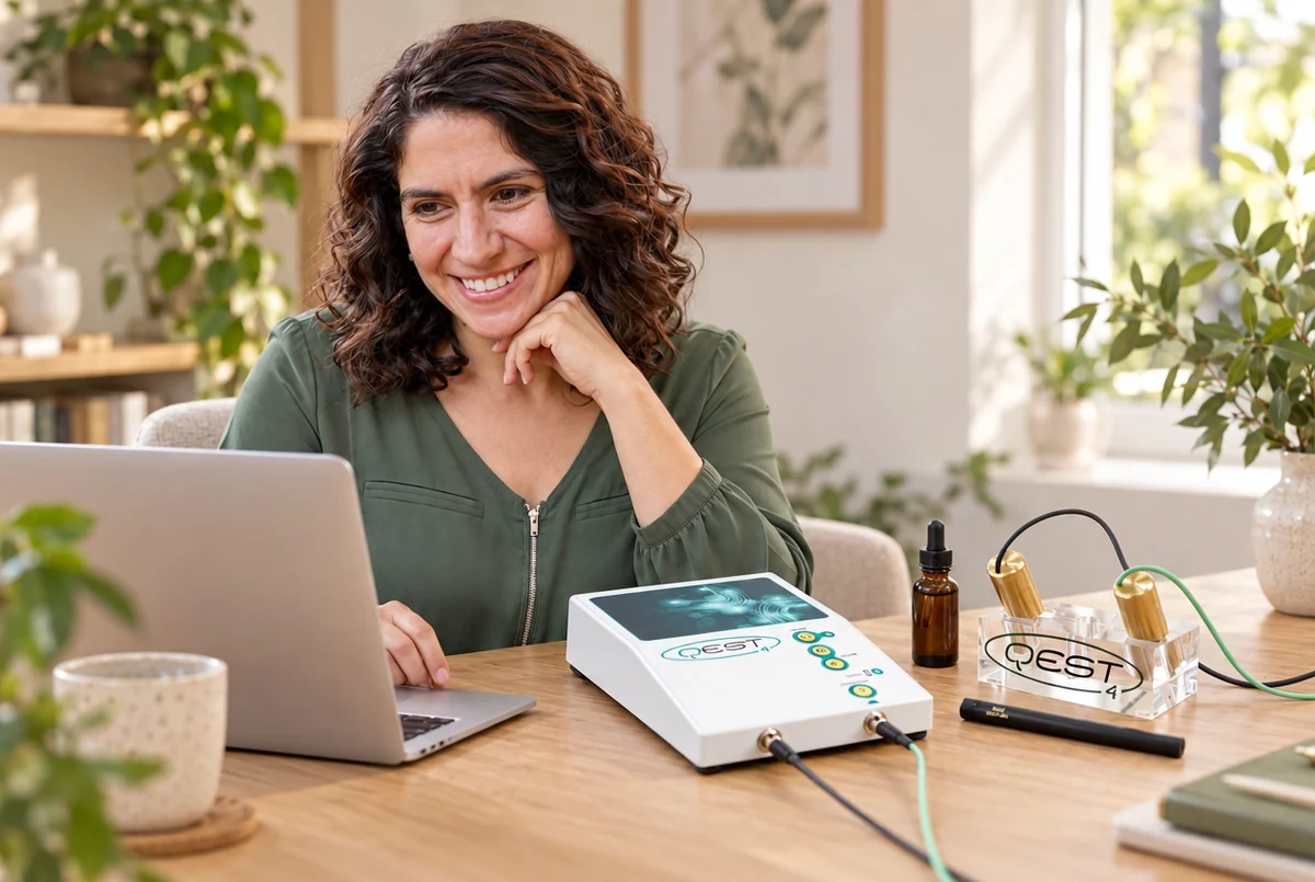 Justine Hayes at her desk with the QEST4 bioenergetic testing system