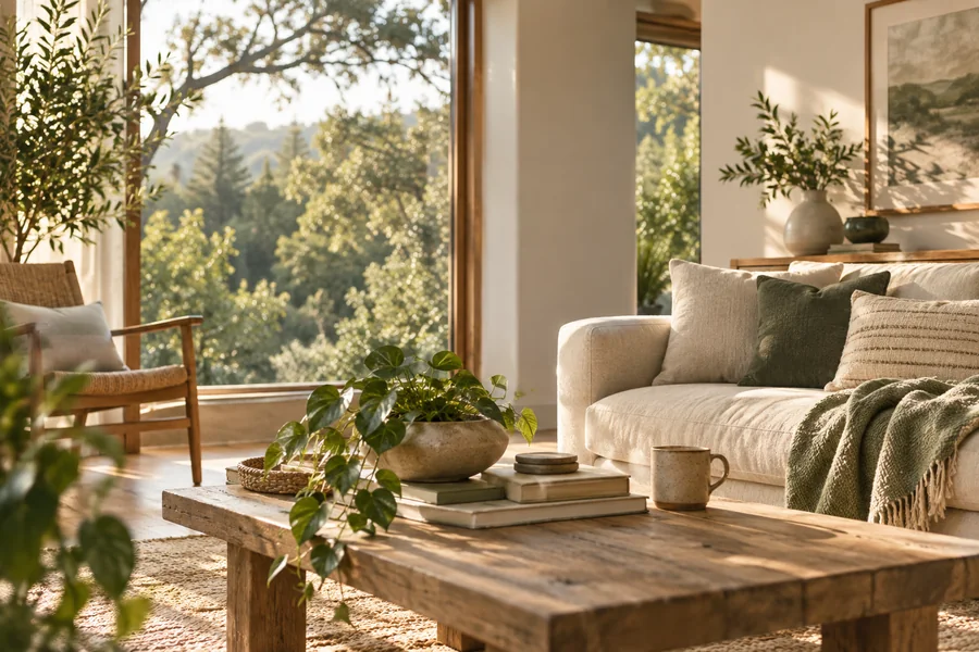 A calm, sunlit living room with natural wood, plants, and views of green trees