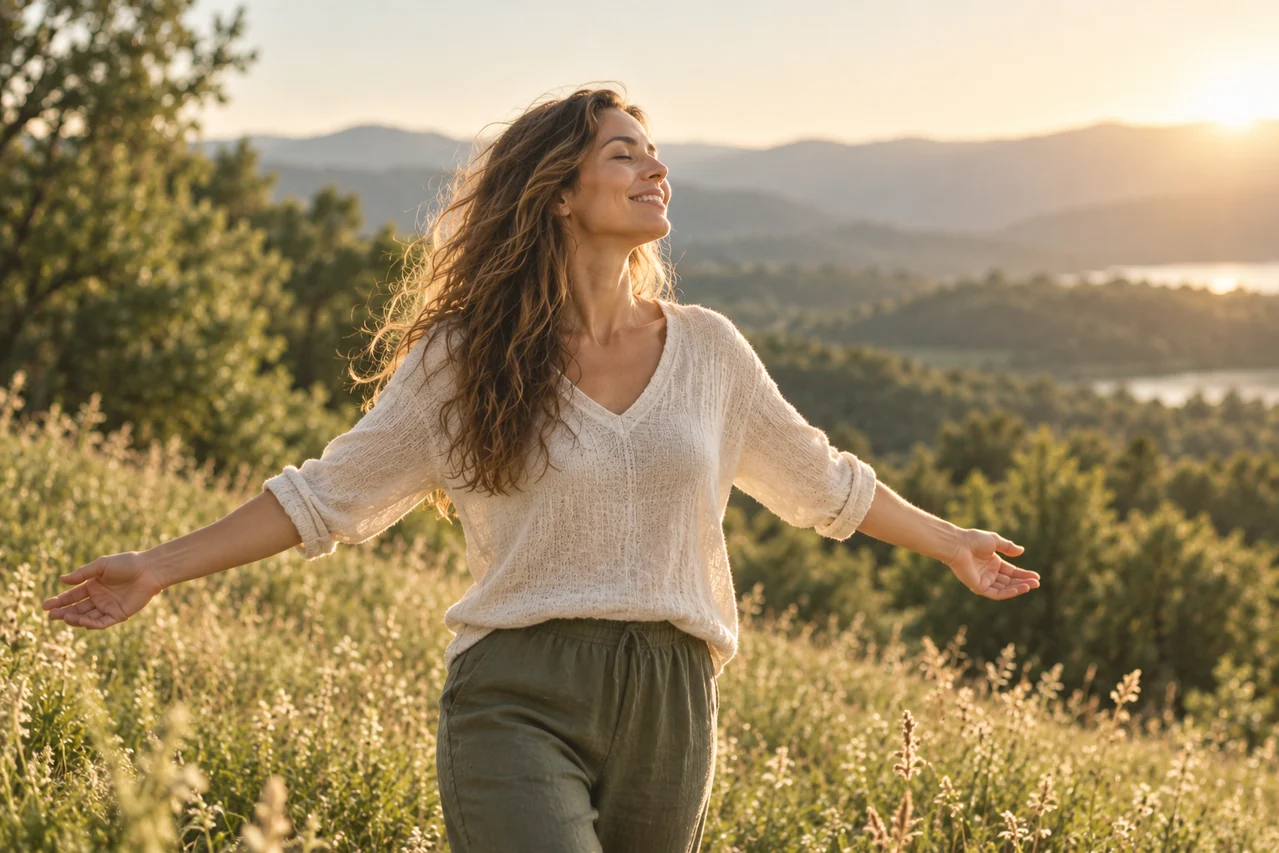 A woman standing in a sunlit meadow with her arms open, feeling supported and balanced
