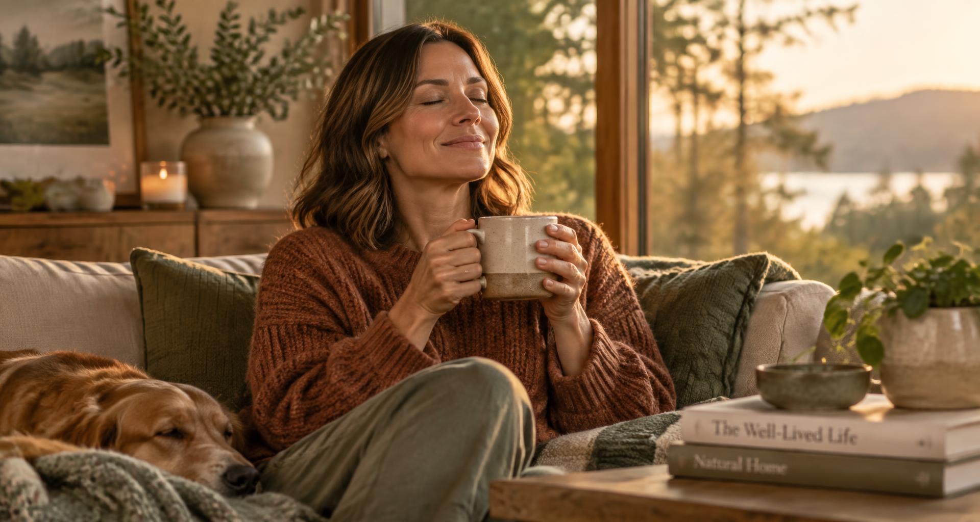 A smiling woman in a cozy rust sweater relaxing with a warm mug, looking peaceful and content